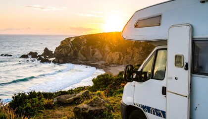White camper at ocean at sunset glow