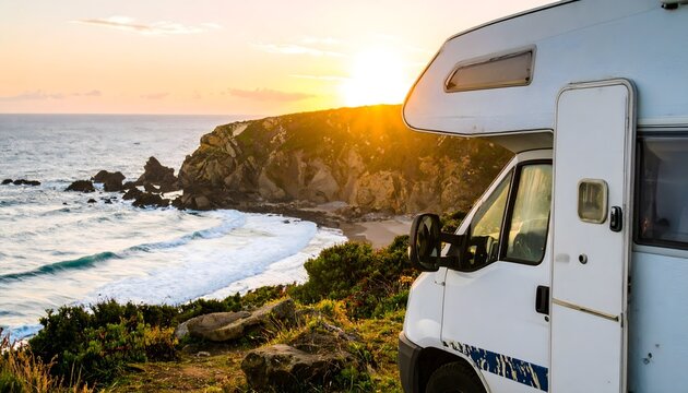 White camper at ocean at sunset glow