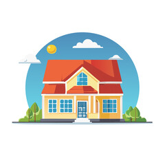 Cartoon illustration of a house, the sun, clouds, and green trees in an outdoor setting