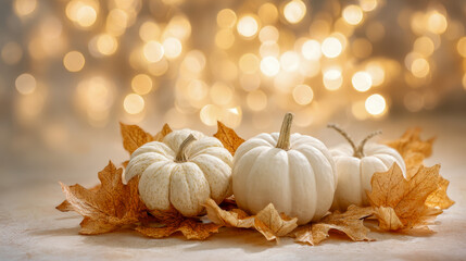 A cozy autumn arrangement featuring small white pumpkins resting on dry orange maple leaves with warm golden bokeh lights in the background creating a festive atmosphere