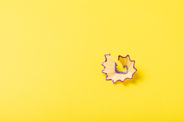 Pencil sharpener on bright colored background. Pencil and pencil shavings. Stationery. School...