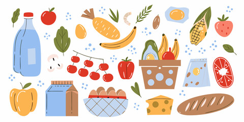 A colorful and playful collection of fresh food items and groceries arranged in a scattered pattern