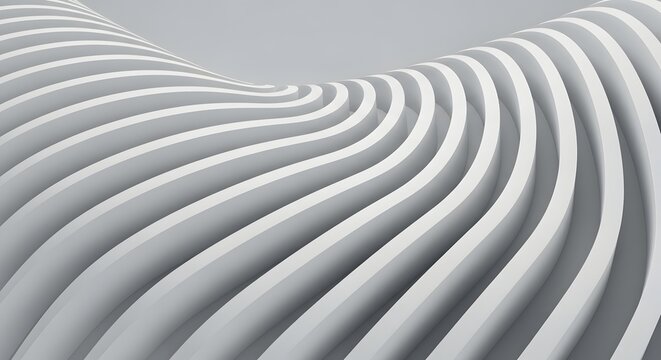 A white, wavy parametric structure made of thin layers. Modern architecture and minimalist design concepts. A smooth, flowing abstract shape composed of parallel white slices.