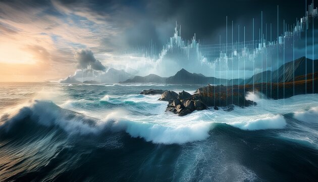 a dramatic seascape with turbulent waves overlaid by digital financial graphs symbolizing the intersection of nature and technology