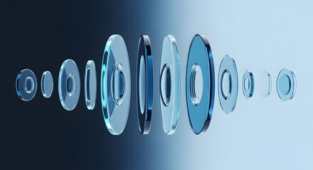 Exploded view of a complex camera lens system. Optics, photography, and precision engineering concepts. Precisely arranged circular glass elements floating in a row.