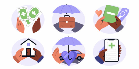 Collection of flat design icons representing different types of insurance and financial protection services