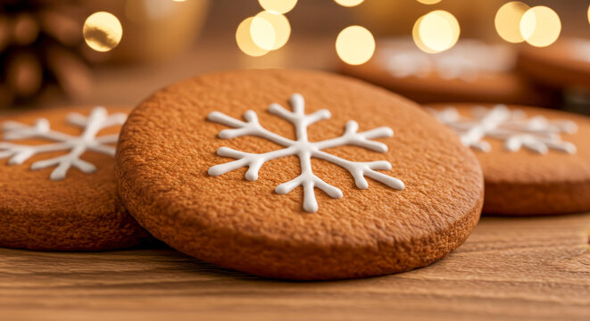 Gingerbread cookies with snowflake icing on wood surface with bokeh lights