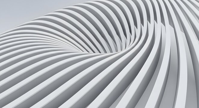 A white, parametric vortex made of thin layers. Modern architecture and minimalist design concepts. A smooth, abstract shape of parallel white slices twisting into a central swirl.