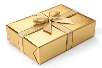 Elegant gold wrapped gift box with ribbon and bow