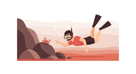 Diver encountering a crab while snorkeling in water with rocks illustration