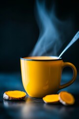 Turmeric tea in yellow mug with rising steam
