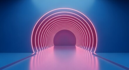 Futuristic pink neon light tunnel with a reflective floor. Virtual reality portal and sci-fi technology concept. Glowing arches creating a path into a digital dimension.