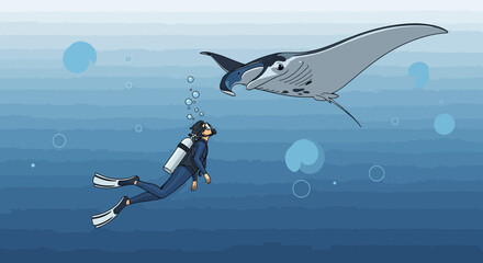 Fototapeta premium Diver Encountering Enormous Manta Ray Underwater With Bubbles in Blue Depths