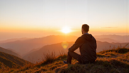 Person enjoying sunset view on mountain top, digital detox concept