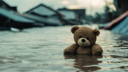 Teddy bear floating in floodwater, blurred houses behind