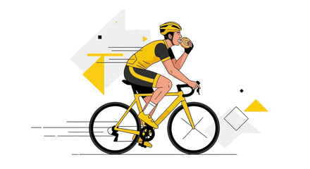 Naklejka premium Cyclist Fueling Up: A Yellow Clad Rider Eating While Riding Bicycle Against Abstract Background