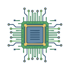 Stylized green and blue computer chip icon representing digital technology and microprocessors