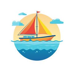 Fototapeta premium Colorful sailboat sailing on the blue ocean water with clouds and a sun in the background vector illustration