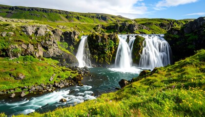 Obraz premium A scenic waterfall cascading down rocky cliffs in a lush green valley