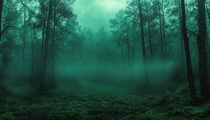 Obraz premium Mystical foggy forest scene with tall trees and lush greenery