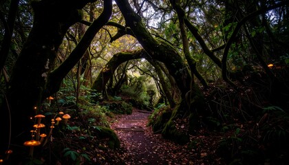 Lush forest path at twilight