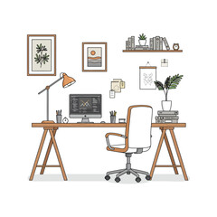 Modern office interior design featuring a comfortable desk, wooden chair, and stylish decor