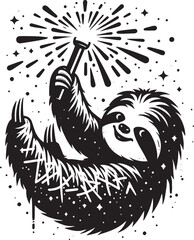 Fototapeta premium Whimsical Black and White Illustration of a Sloth Holding a Sparkler and Celebratory Fireworks