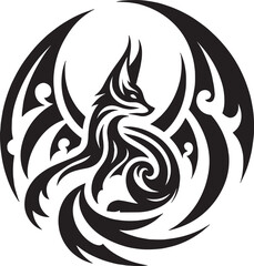 Elegant black and white stylized fox logo design within a circular tribal frame art