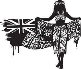 Monochrome depiction of a woman with a Fijian flag in a graphic