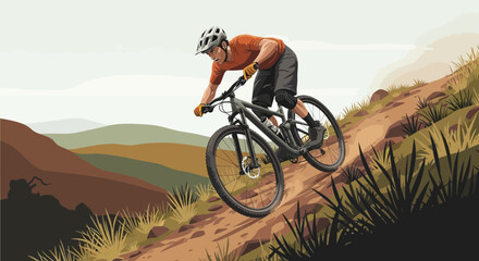 Obraz premium Downhill Biking Adventure: Dynamic Illustration of a Rider Navigating Rugged Terrain Scene