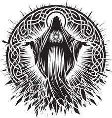 Mystical Figure with Celtic Knotwork and Radial Elements in a Black and White Illustration
