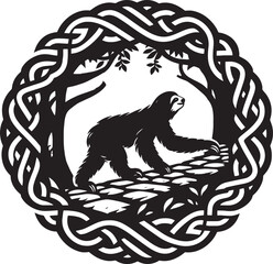 Obraz premium Artistic Black and White Illustration of a Sloth in a Celtic Knot Frame Amidst Trees