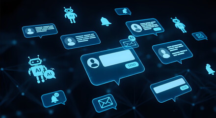 AI chatbots connect users through glowing digital message bubbles and notifications, symbolizing modern communication.