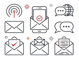 Collection of communication and messaging icons with a modern line art style