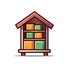 House shaped storage unit with colorful boxes on shelves vector illustration