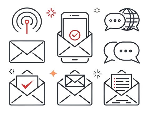 Collection of communication and messaging icons with a modern line art style