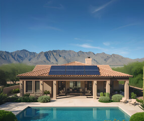 Obraz premium A modern Mediterranean-style villa with terracotta roof tiles, solar panels installed on the roof, a clear blue swimming pool in front, surrounded by lush green plants and desert landscaping. In the b