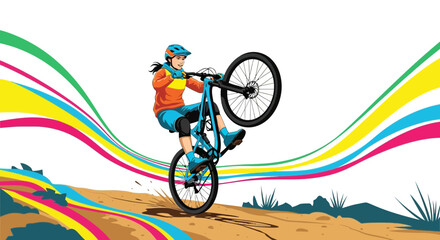 Fototapeta premium Dynamic Cyclist Performing Stunt on Bicycle with Colorful Artistic Streamers in Background