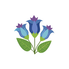 Three blooming blue stylized flower bouquet with green leaves vector illustration