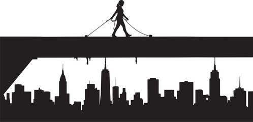 Silhouette of a structural worker traversing a beam against city