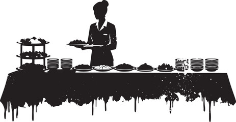 Elegant black and white buffet arrangement with server silhouett