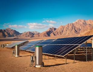 clean energy solar startup concept solar panels and storage units in a desert landscape with mountains in the background