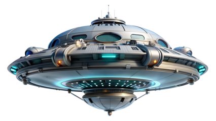 Futuristic flying saucer spaceship with glowing lights isolated on transparent background, a science fiction concept for space travel and exploration