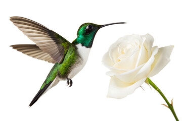 Fototapeta premium A tiny green hummingbird with a white breast hovers near a delicate white rose, capturing a moment of natural beauty and delicate flight