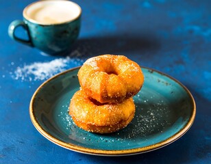 Two sugared doughnuts on a plate with coffee