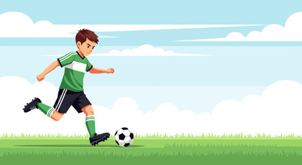 Obraz premium Dynamic Soccer Player Kicking With Force on a Lush Green Field Under a Blue Sky