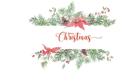 Watercolor Christmas frame. Hand-painted illustration with a pine branches, holly leaves with berries, poinsettia flowers, pinecones. Vector EPS.