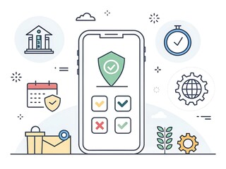 Mobile security and compliance checklist with financial icons