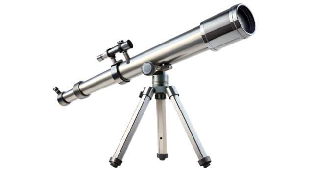 A silver telescope on a tripod, used for astronomical observation and space exploration, isolated on transparent background