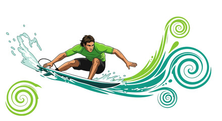 Dynamic Surfer Riding Wave with Energetic Visuals and Vibrant Illustration